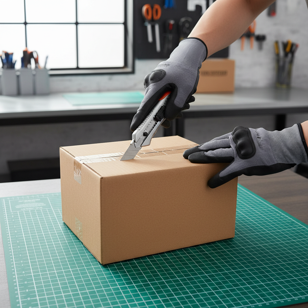 Safe box cutting technique using a retractable utility knife on a cutting mat