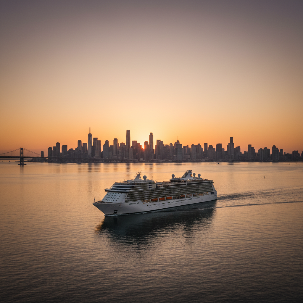Sunset cruise boat on calm water with golden sky and city skyline