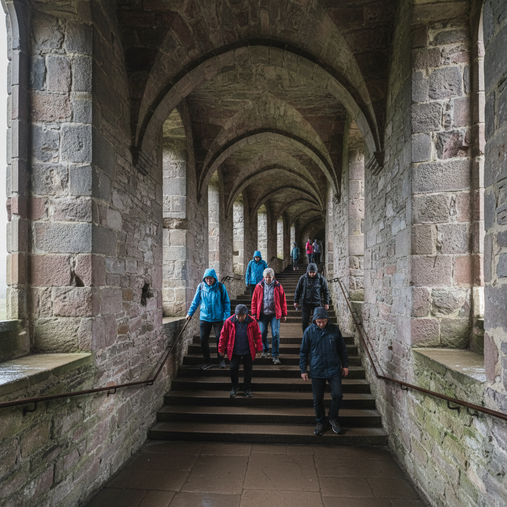 Tourists walking carefully on wet stone steps inside a historic Scottish castle