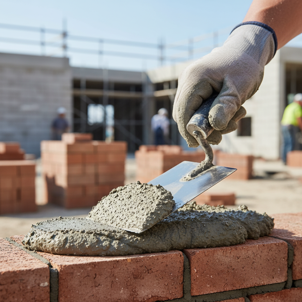 Pointed masonry brick trowel spreading mortar on brick course