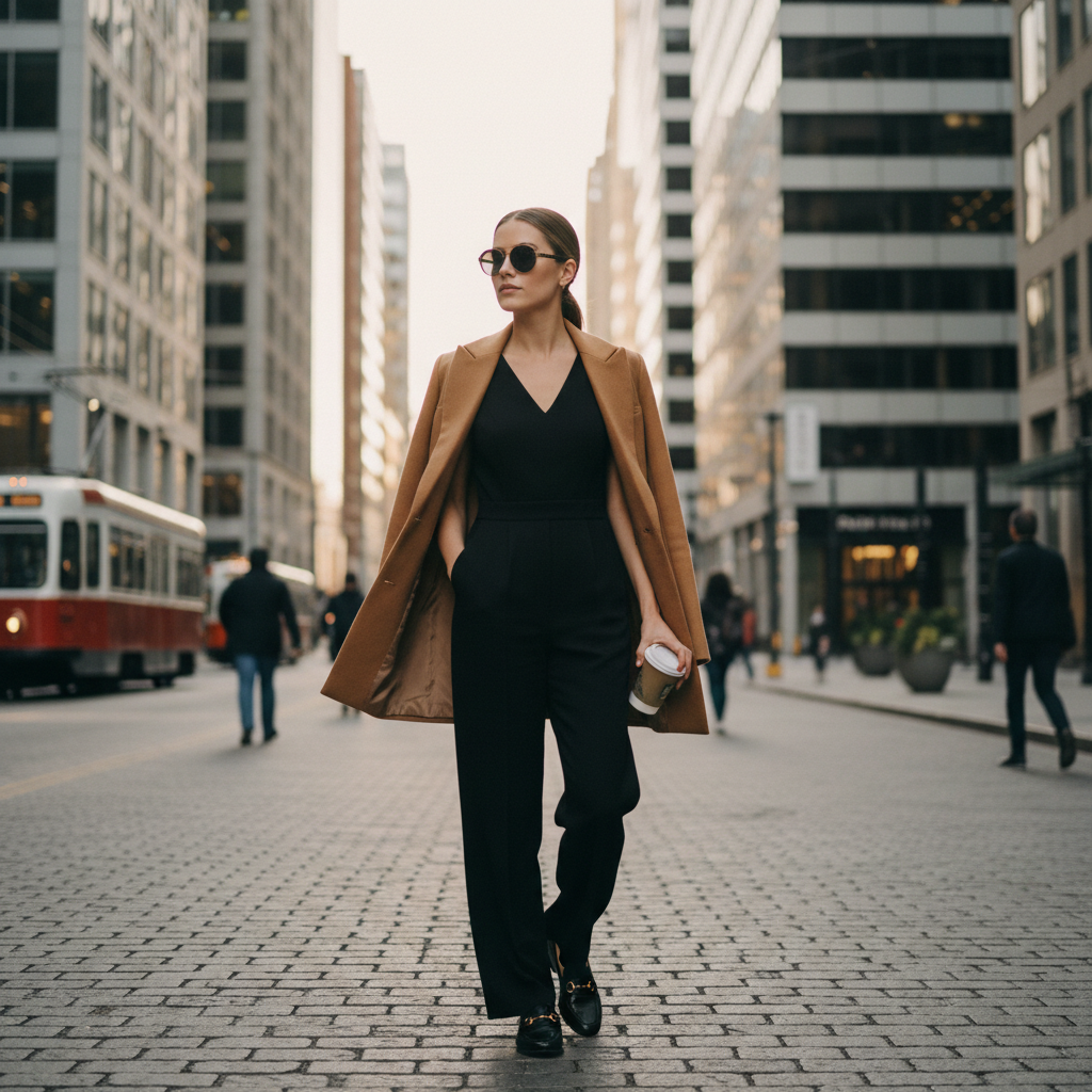Work outfit with tailored jumpsuit, blazer, and loafers