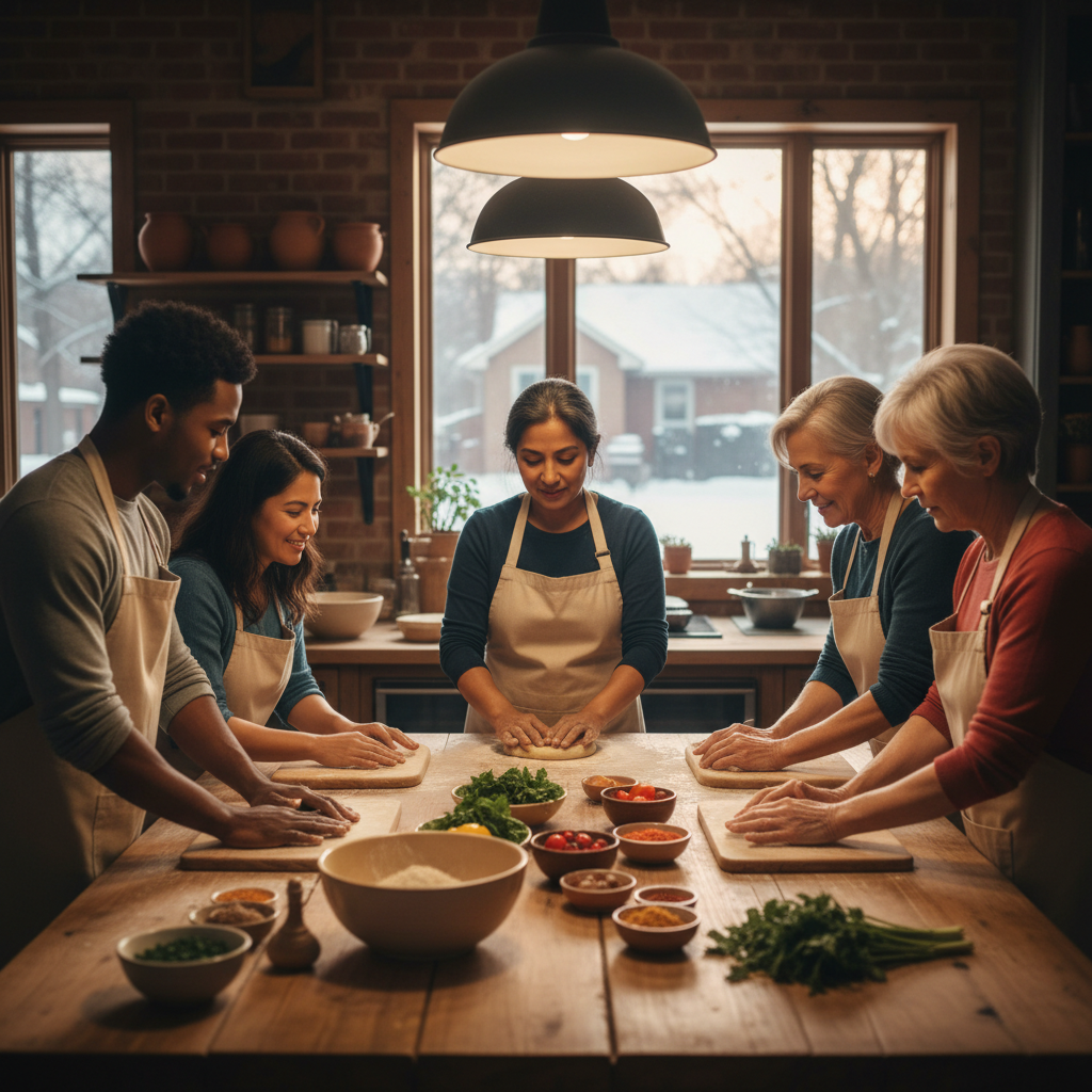 Community cooking workshop teaching traditional techniques