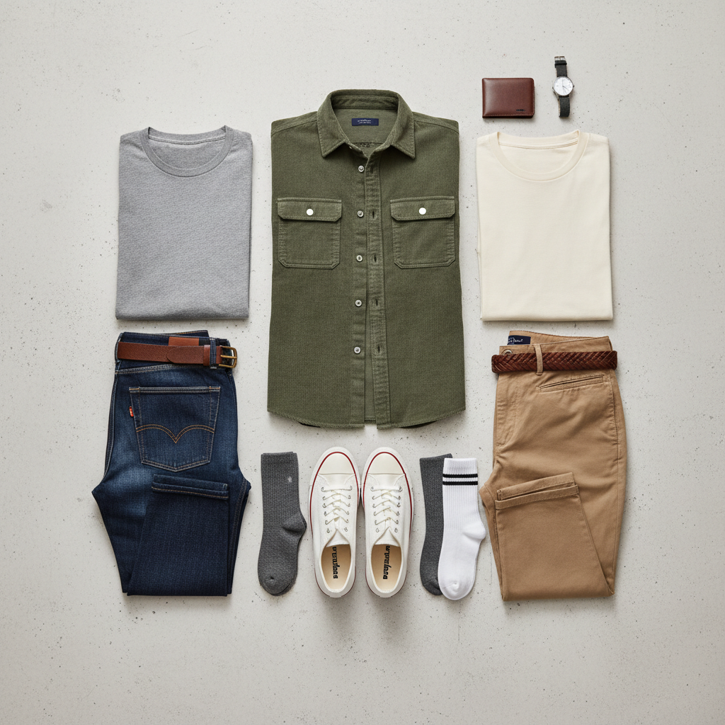 Flat lay of men casual outfits styled with canvas sneakers