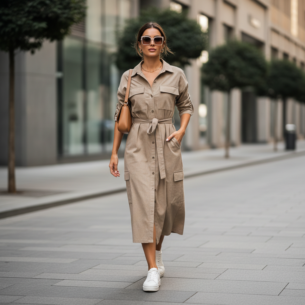 Woman wearing a cargo utility shirt dress with belt and pockets in a modern city setting
