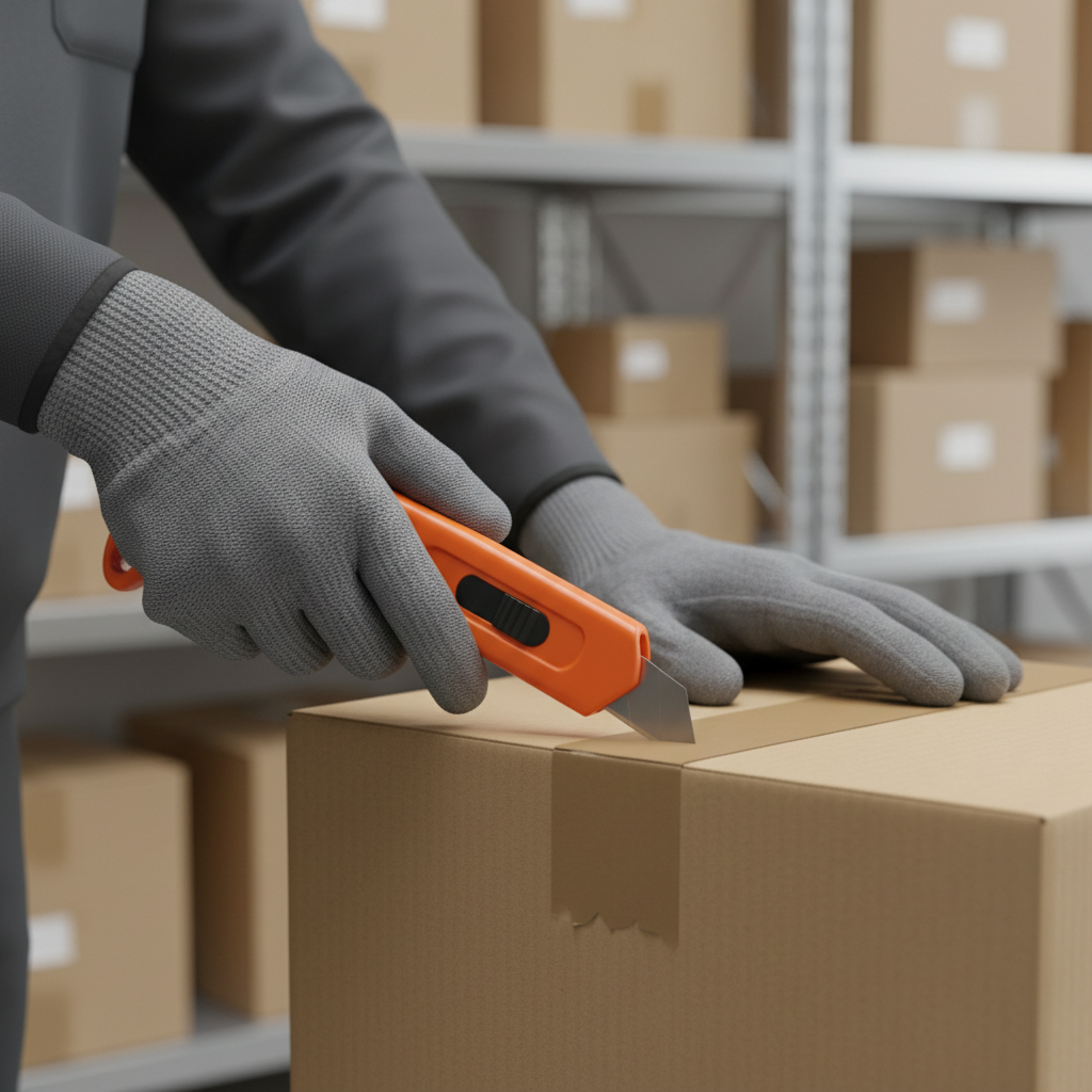 Worker using a safety cutter box opener to open a corrugated shipping carton safely