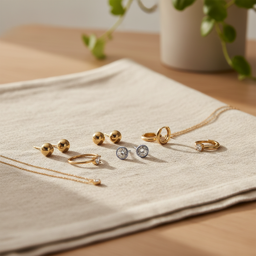 Minimalist daily earring capsule with studs and small huggie hoops