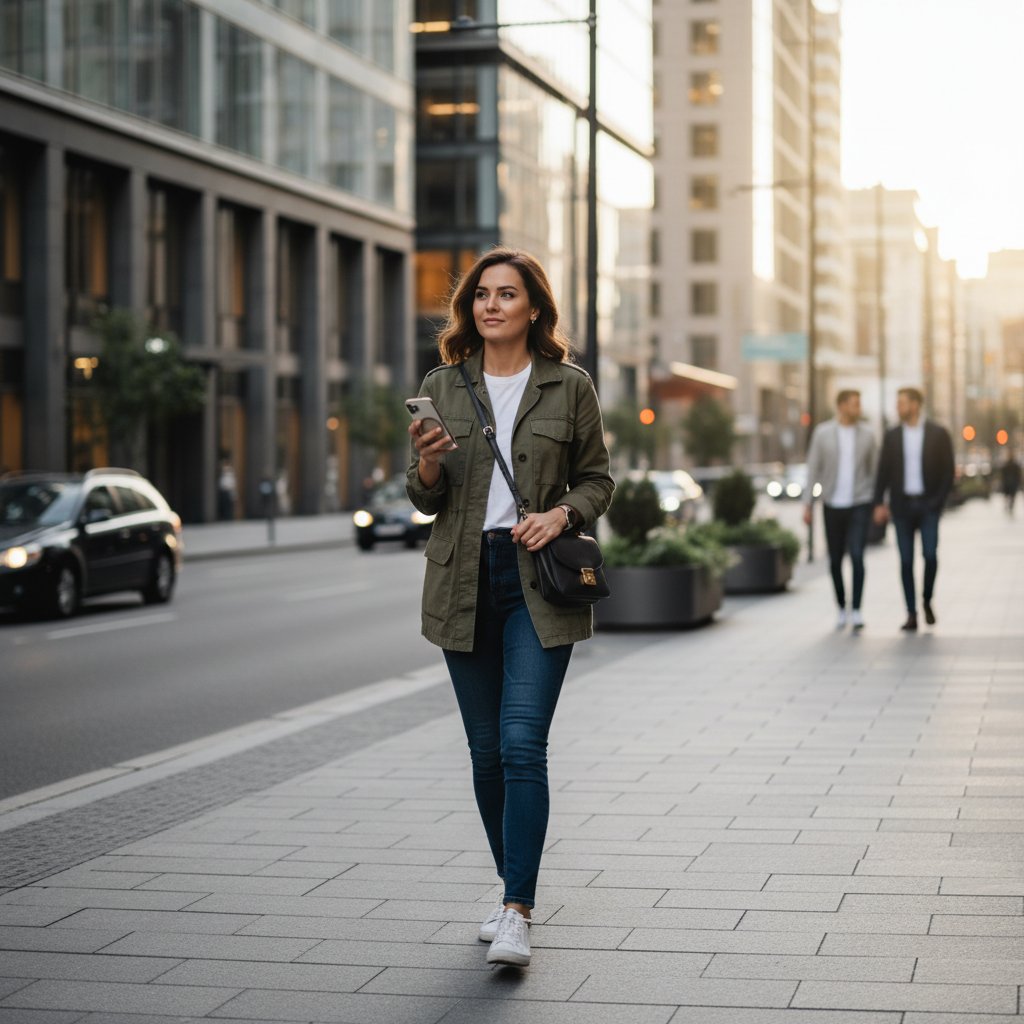 Solo female traveler confidently navigating a city street with phone and map