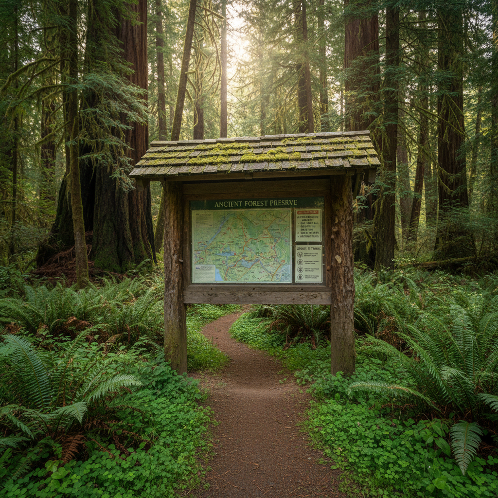Old forest trailhead sign with map and safety notices