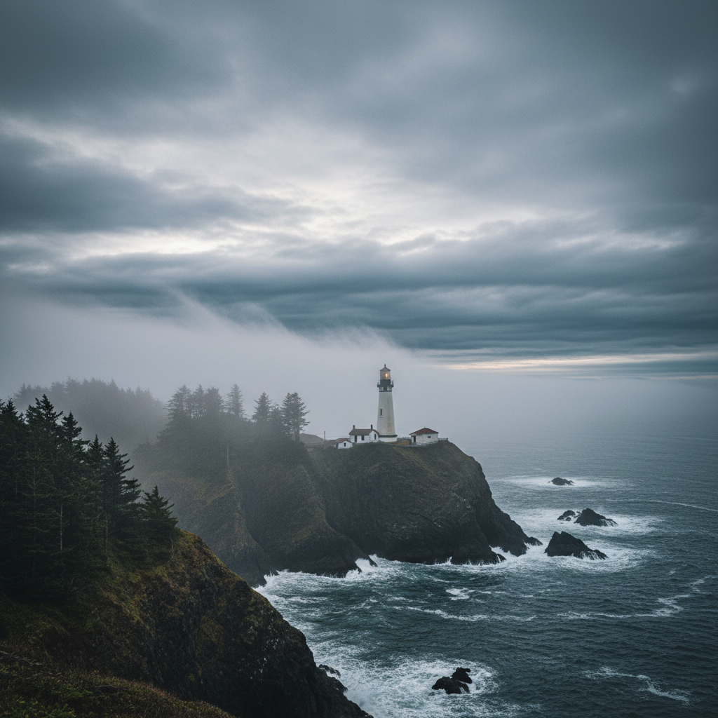Pacific coast lighthouse on a cliff with fog and dramatic ocean views