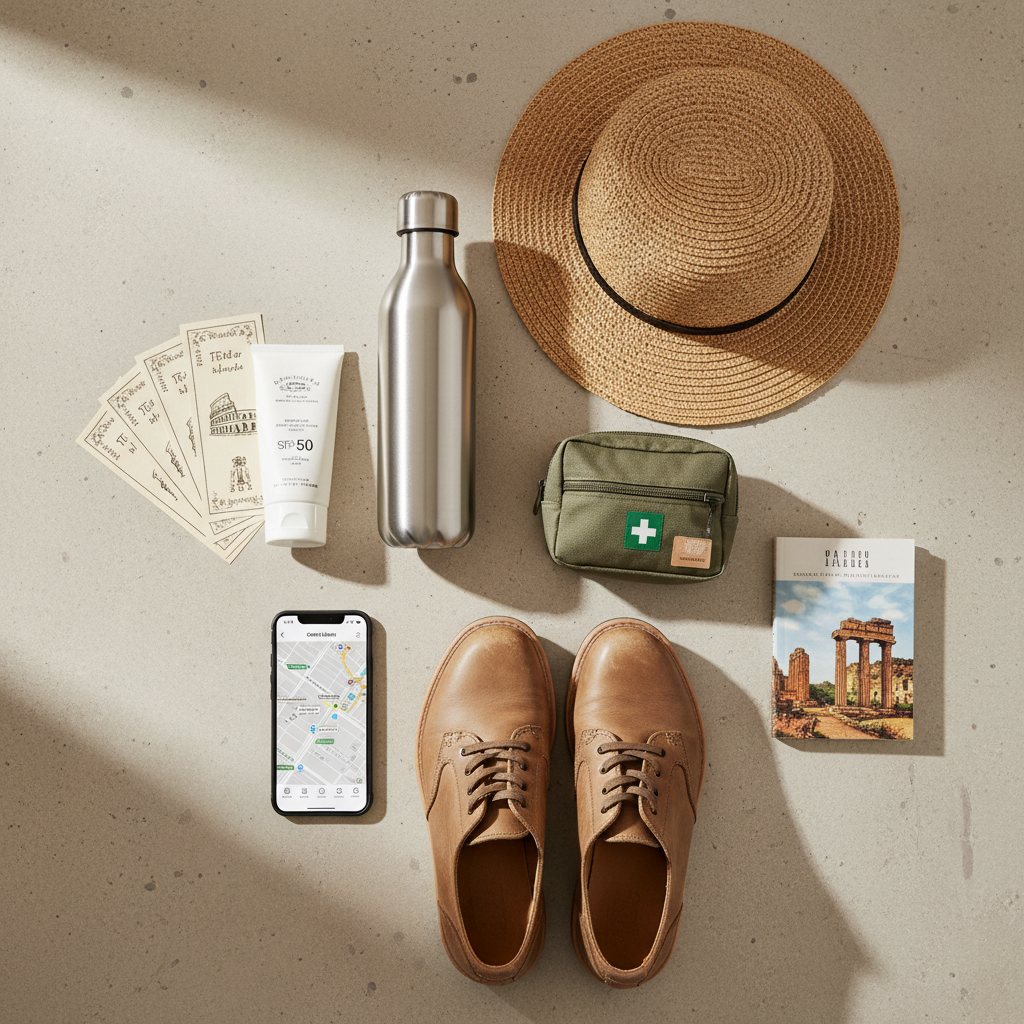 Packing essentials laid out for visiting ancient ruins: water, hat, sunscreen, tickets