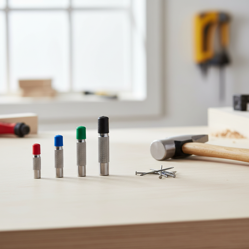 4 piece nail set punch kit laid out on a workbench for trim and woodworking