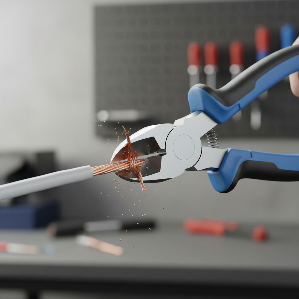 Close-up of diagonal cutters making a clean cut on copper wire