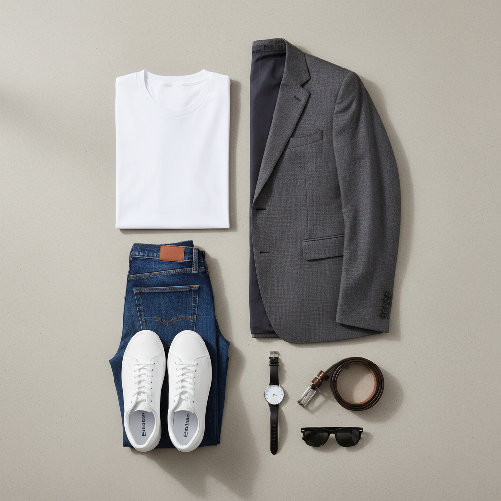 Flat lay of a basic white t-shirt outfit formulas with jeans blazer sneakers and accessories