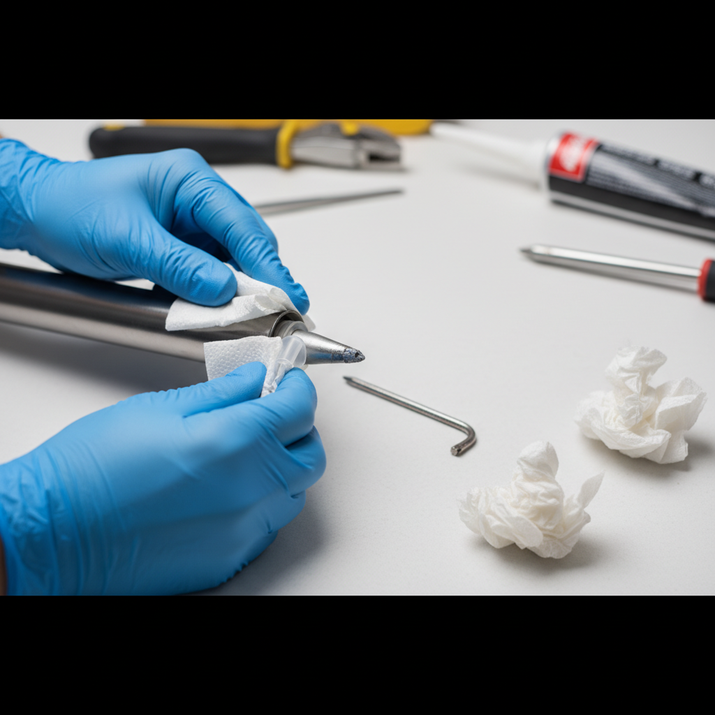 Cleaning a caulking nozzle and cap technique to prevent sealant from curing in the tip