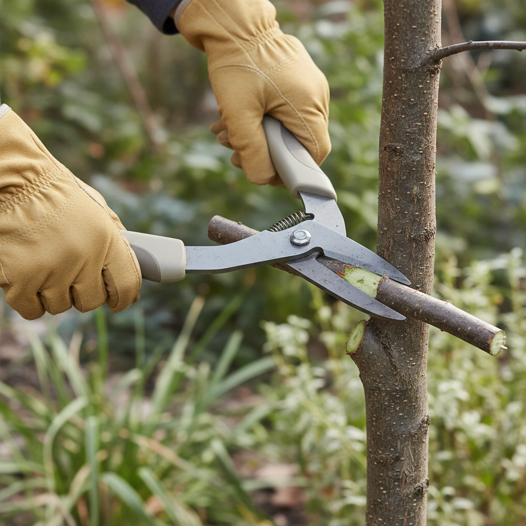 Proper tree pruning cut location near the branch collar using loppers