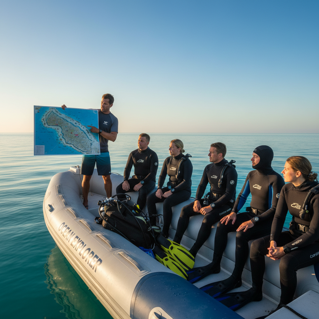 Diver briefing on a boat discussing conditions for clear water dives