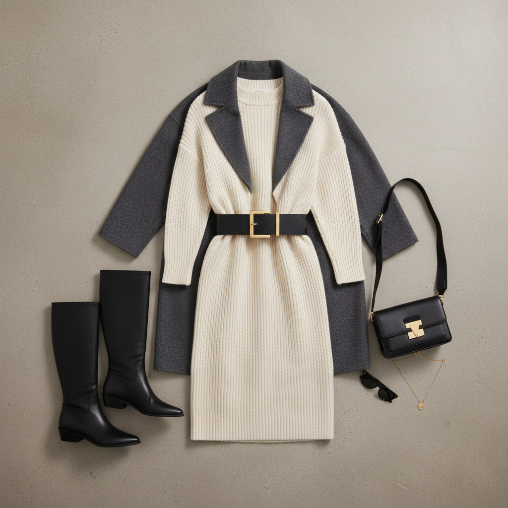 Knit dress and knee high boots outfit formula for winter