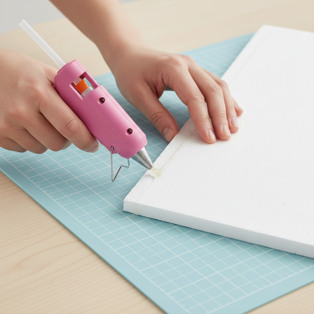 Step-by-step applying a thin hot glue bead with a mini glue gun on a craft project