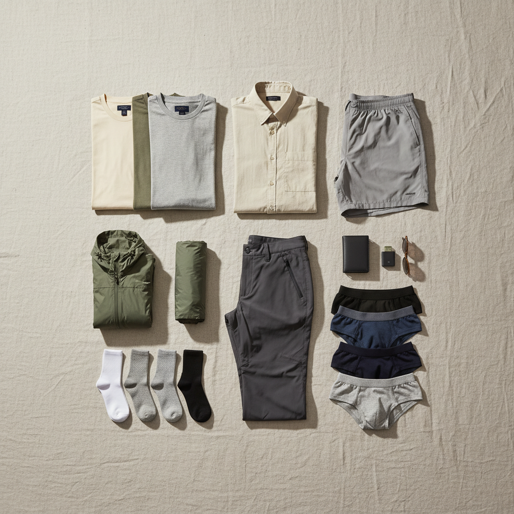 Warm climate travel capsule with quick dry tops and lightweight shorts