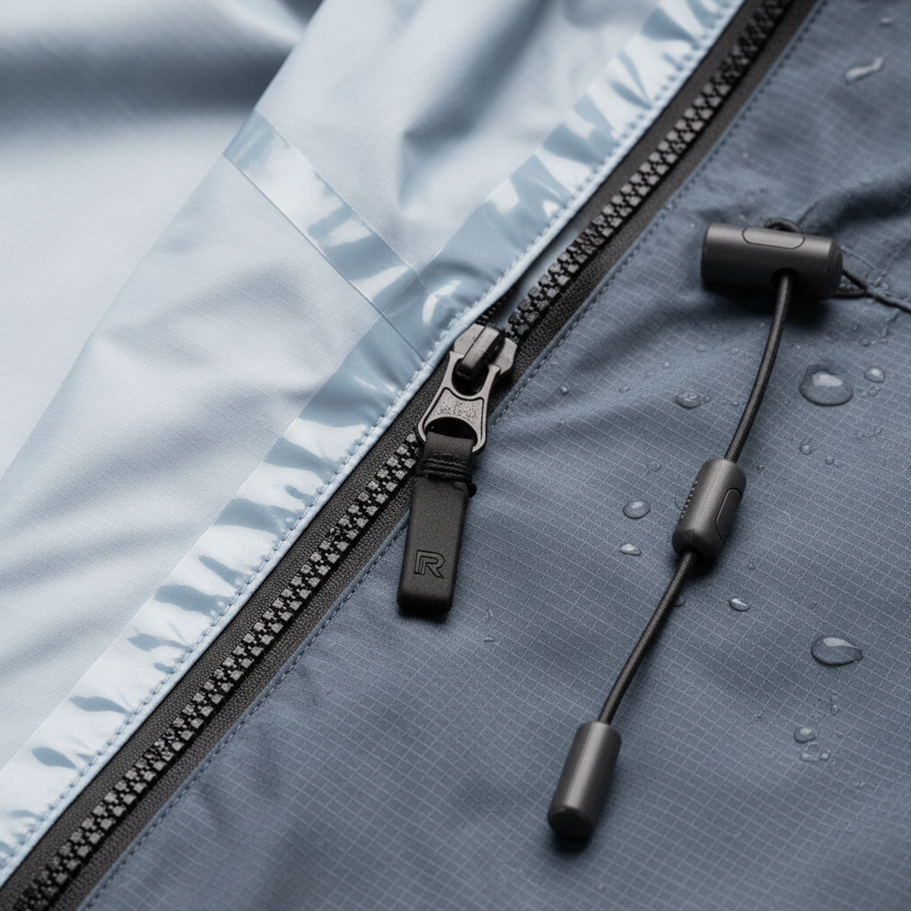 Rain jacket feature close-up showing hood adjuster and seam taping