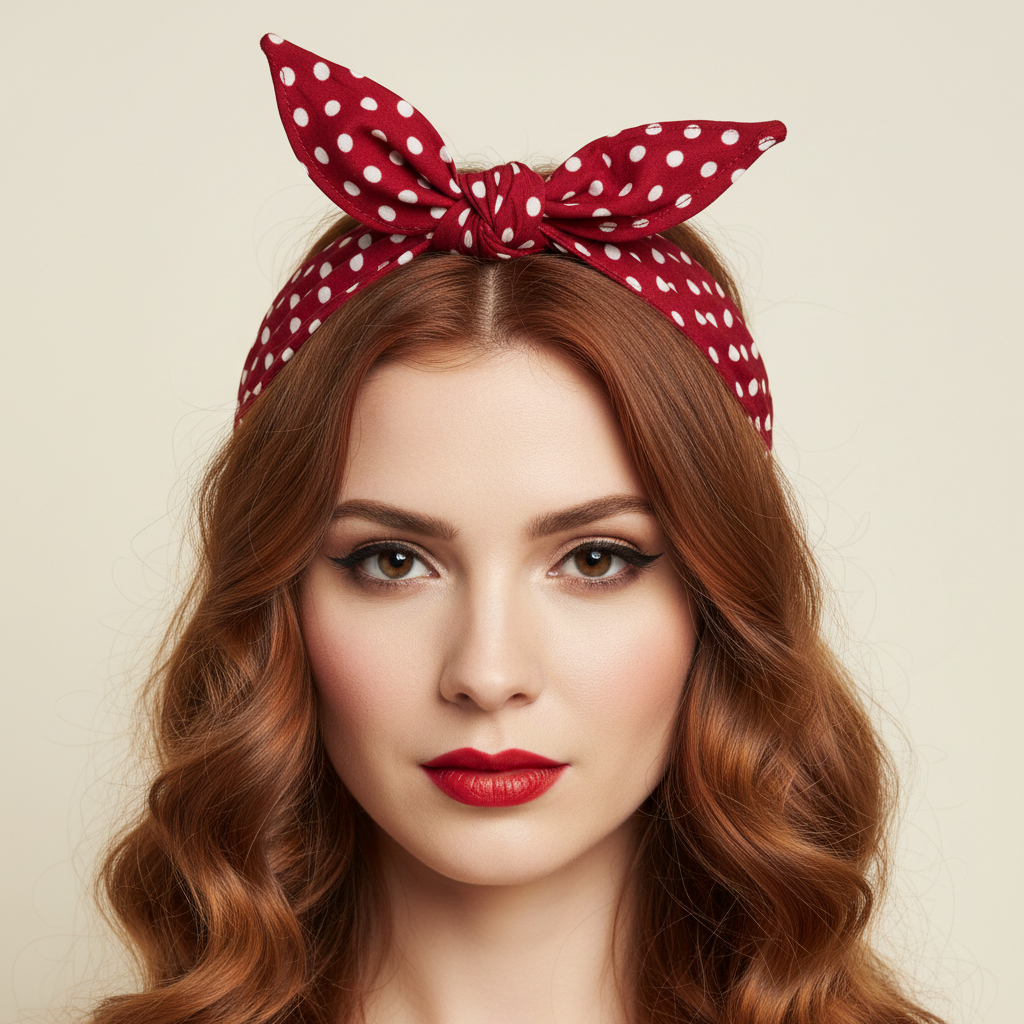 Rosie the Riveter style hair scarf top knot on wavy hair