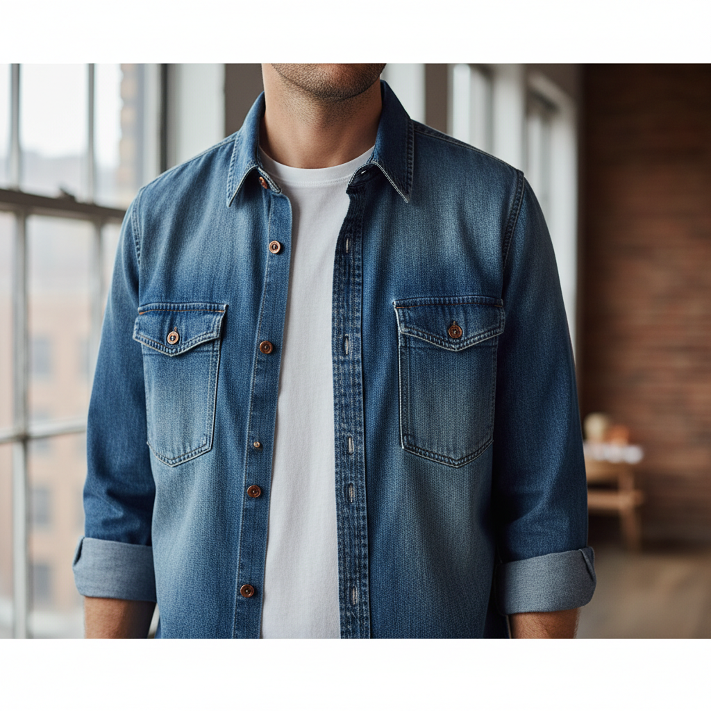 Close-up of denim shirt layering details like collar, cuff, and buttons