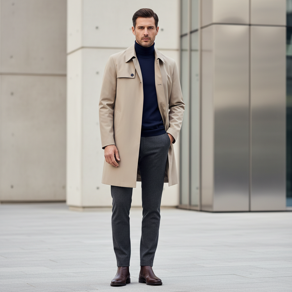 Modern men trench coat outfit styling in neutral tones