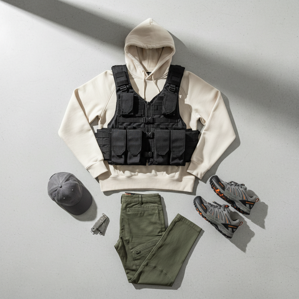 Outdoor outfit flat lay with tactical vest, hoodie, pants, and trail shoes