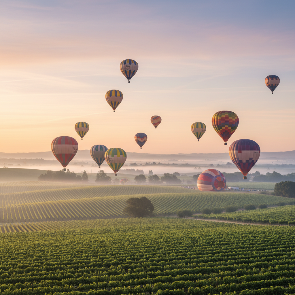 Hot air balloons launching near vineyards in Napa Valley at dawn