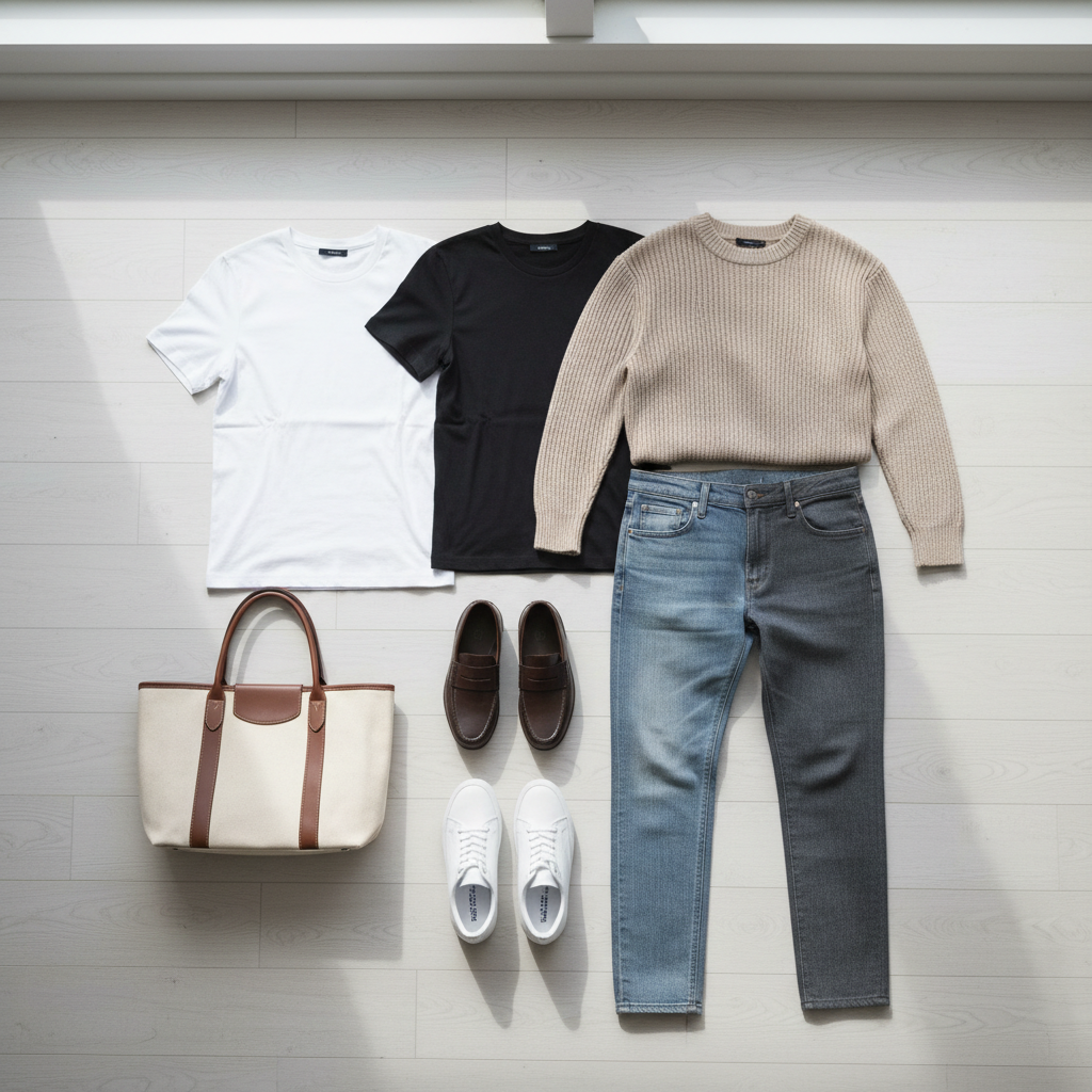 Minimalist capsule wardrobe basics laid out in neutral colors