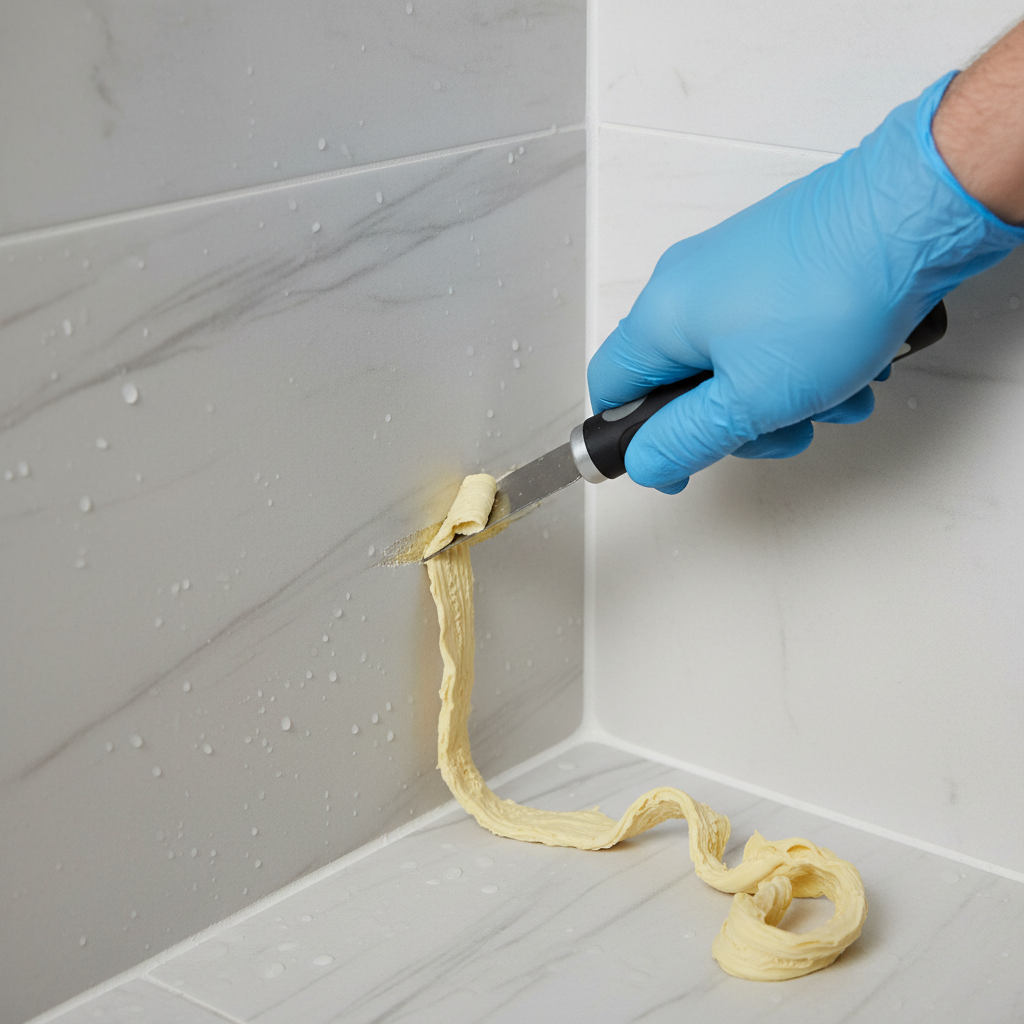 Close-up of removing old caulk from a shower corner with a scraper tool