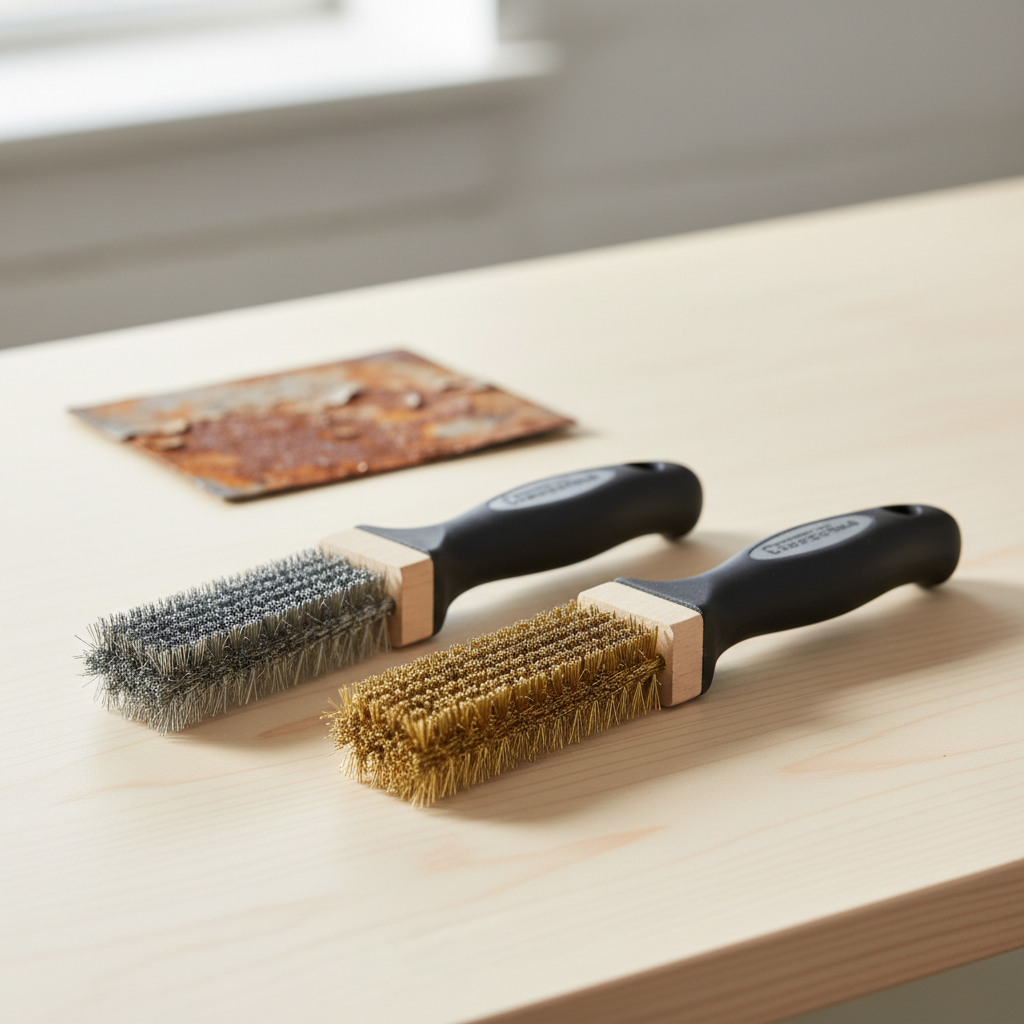 Close-up of choosing stainless steel vs brass wire brush for rust removal