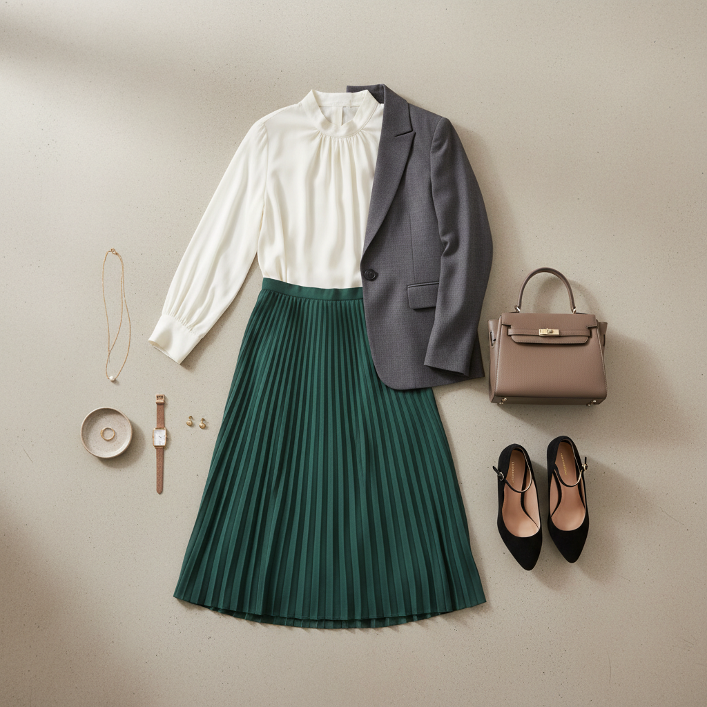 Elegant modest church outfit laid out with midi skirt blazer and accessories