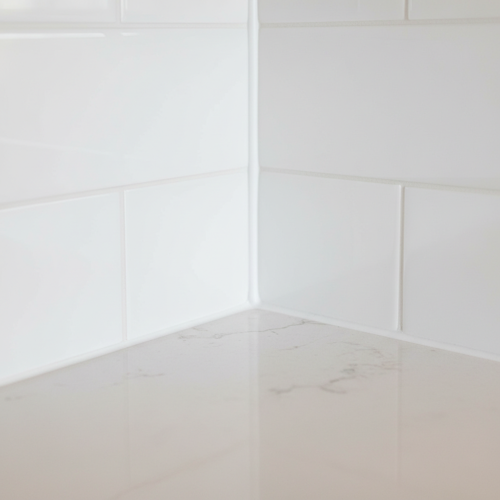 Close-up of a clean caulk line along kitchen backsplash corner after using a three-edge caulk finishing tool