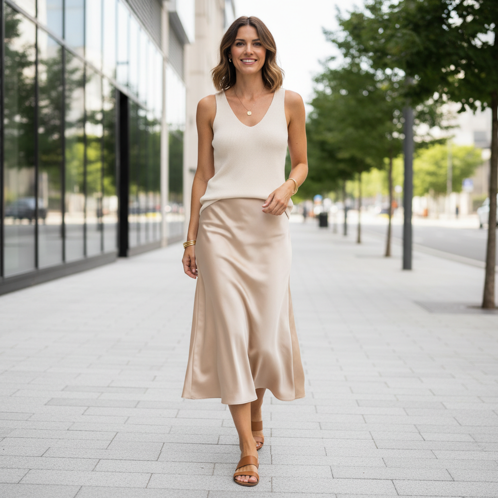 Budget-friendly summer outfit with midi skirt and knit top