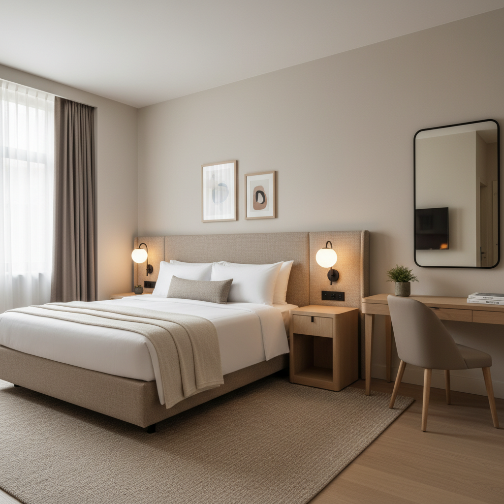 Boutique hotel guest room with thoughtful design, bedside outlets, and workspace