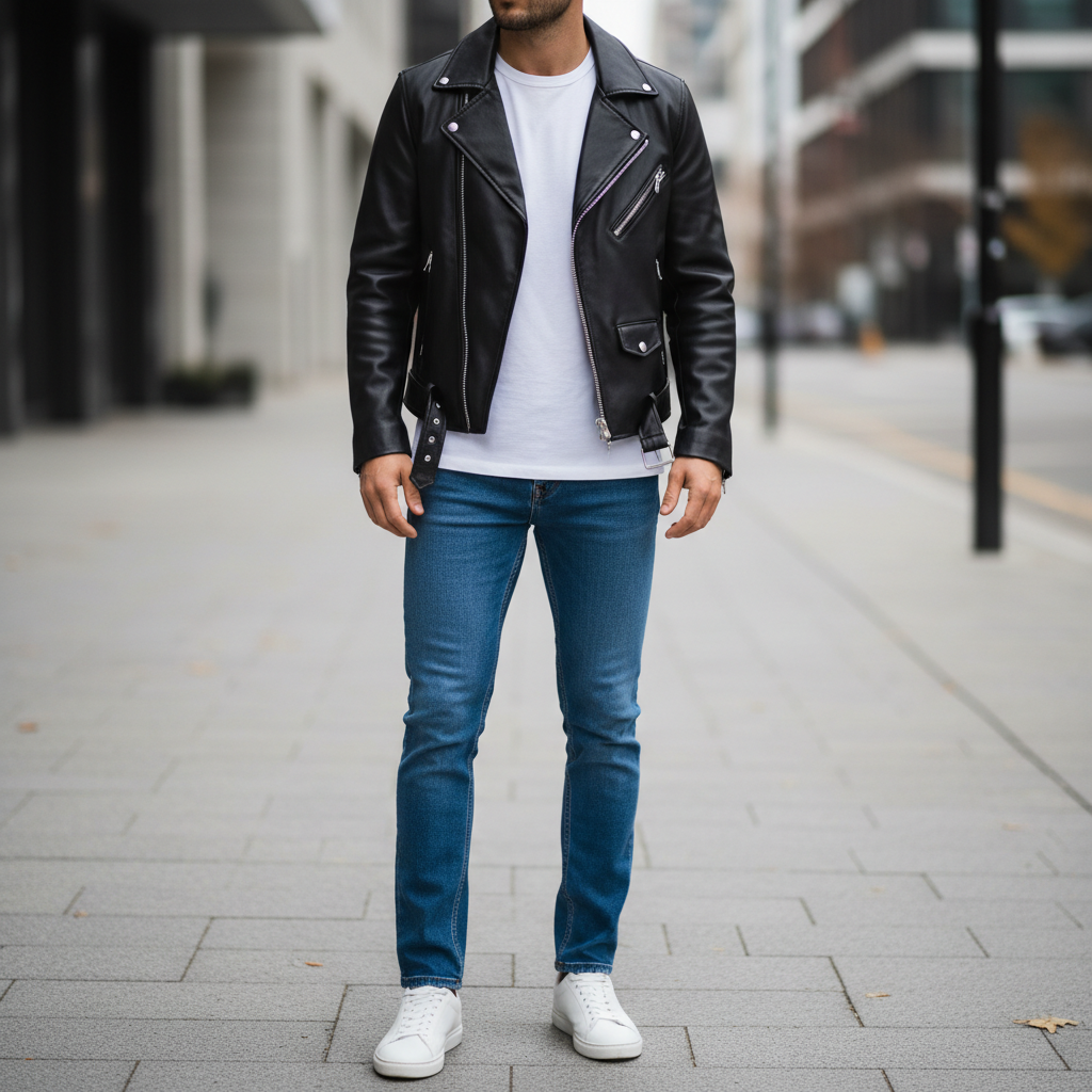 Classic leather jacket outfit with white tee and straight-leg jeans