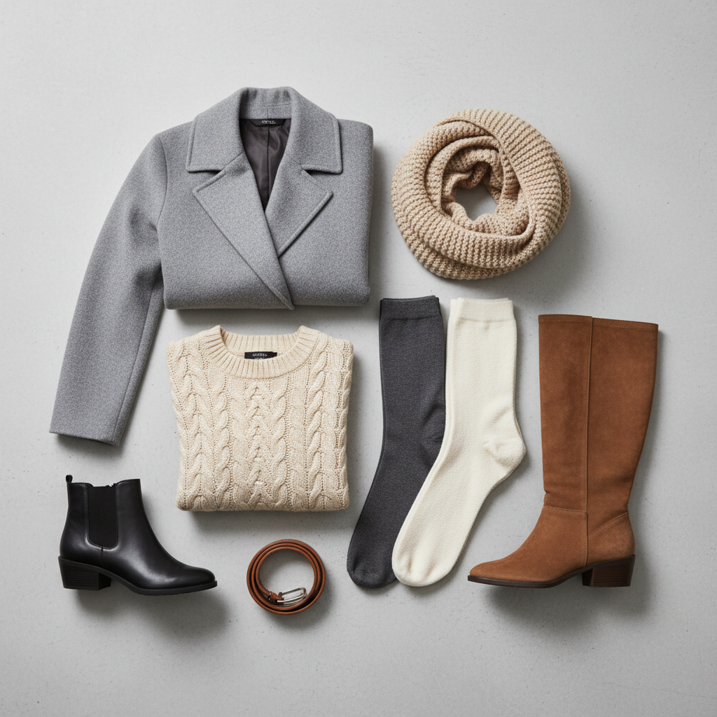 Winter layering essentials for sweater dress outfits: tights, boots, coat, scarf