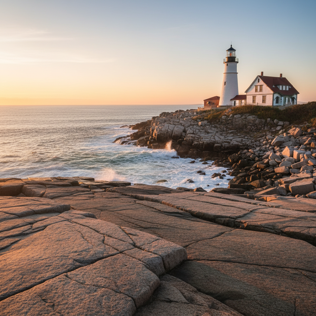 Rocky New England coastline with a classic lighthouse at sunrise