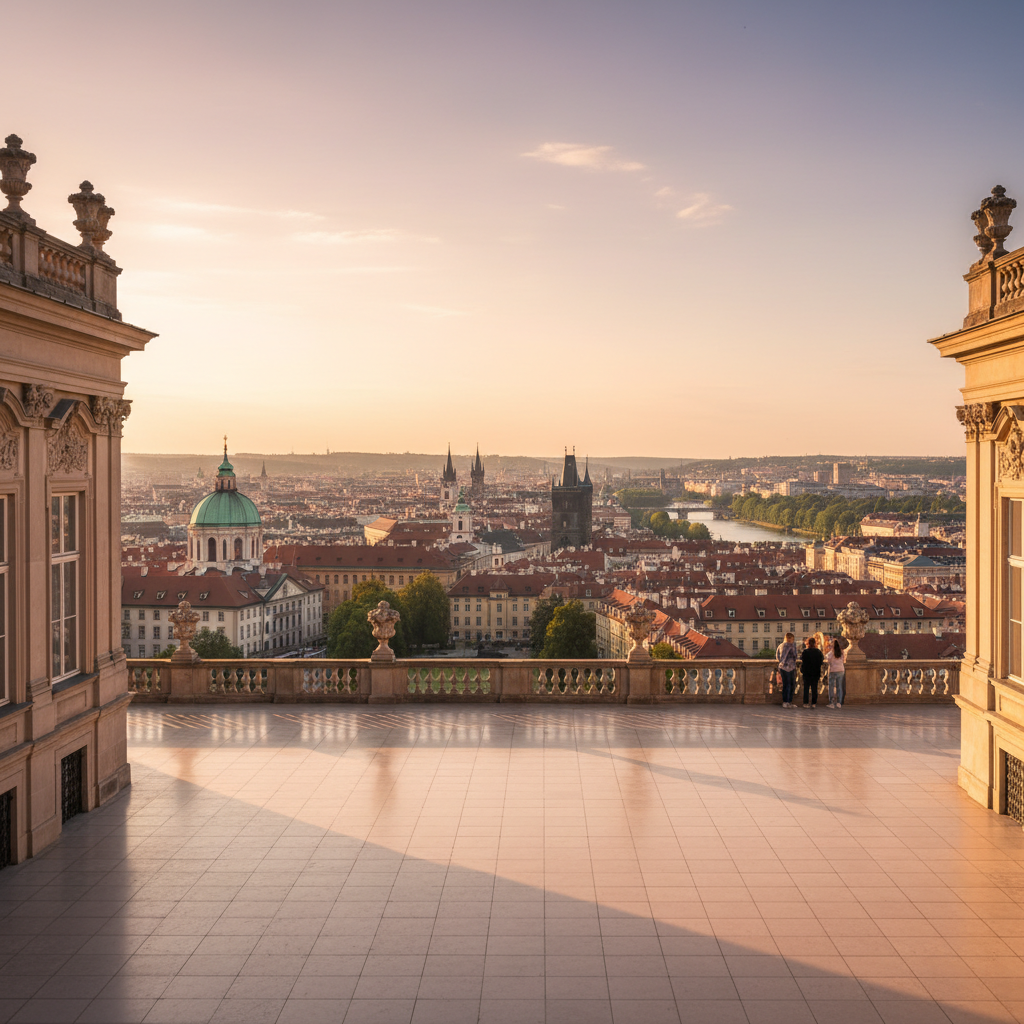 European palace terrace with panoramic city views at golden hour