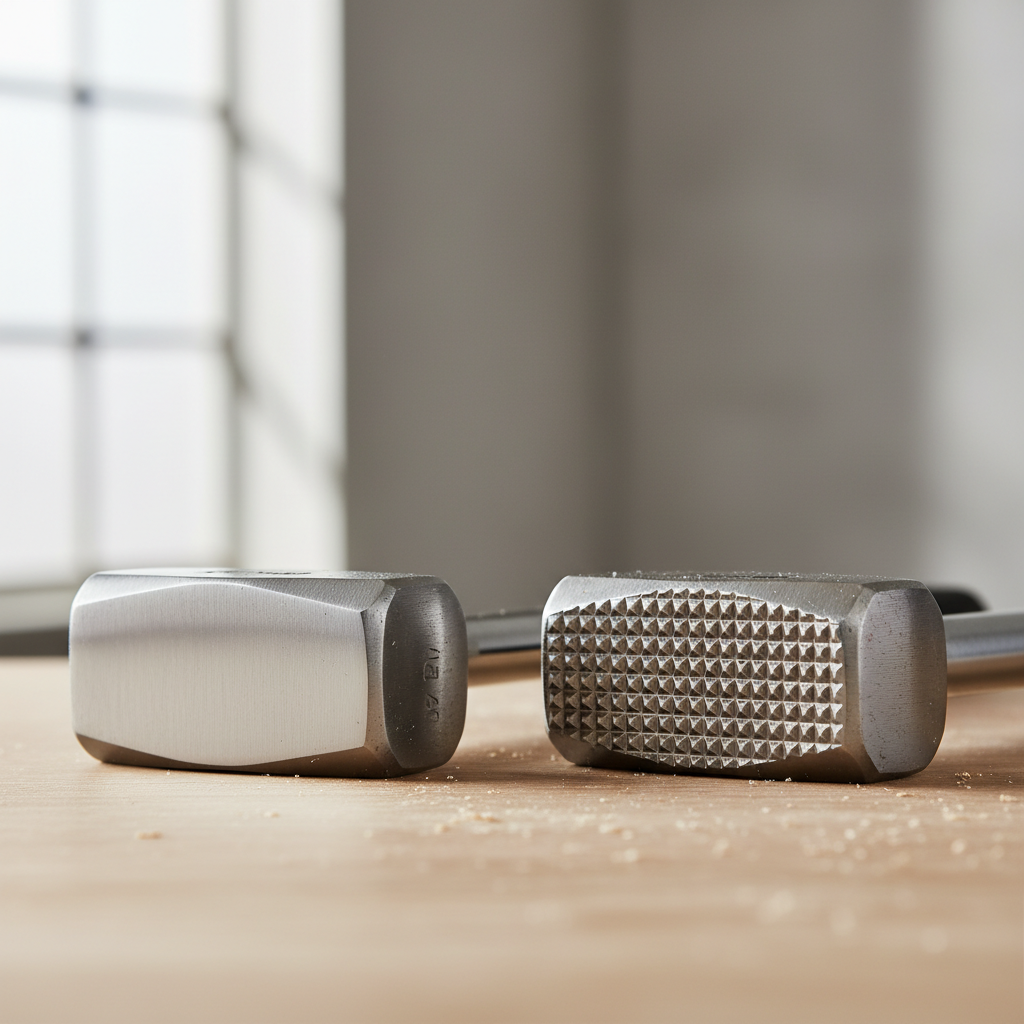 Close-up of smooth face vs milled face claw hammer heads on a workbench