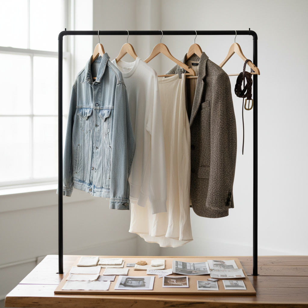 Secondhand fashion style outfit planning with thrifted pieces on a rack