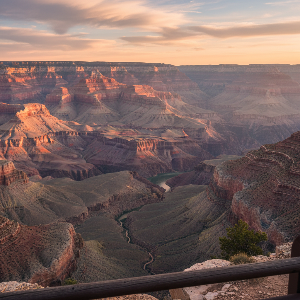 Grand Canyon South Rim sunset with layered canyon shadows and warm light