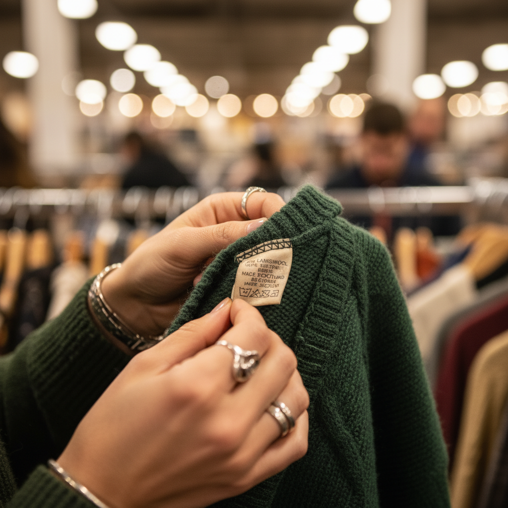Thrift store quality check focusing on seams, fabric, and care labels