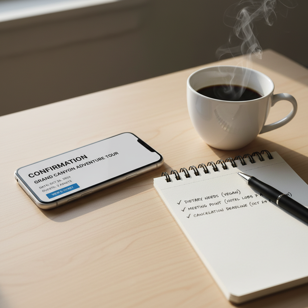 Close-up of a booking confirmation screen next to a handwritten checklist for food tour planning