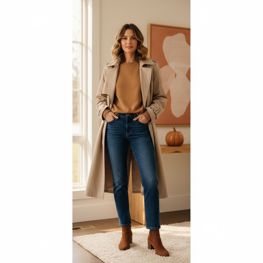 Fall outfit formula with ankle boots, jeans, and a trench coat