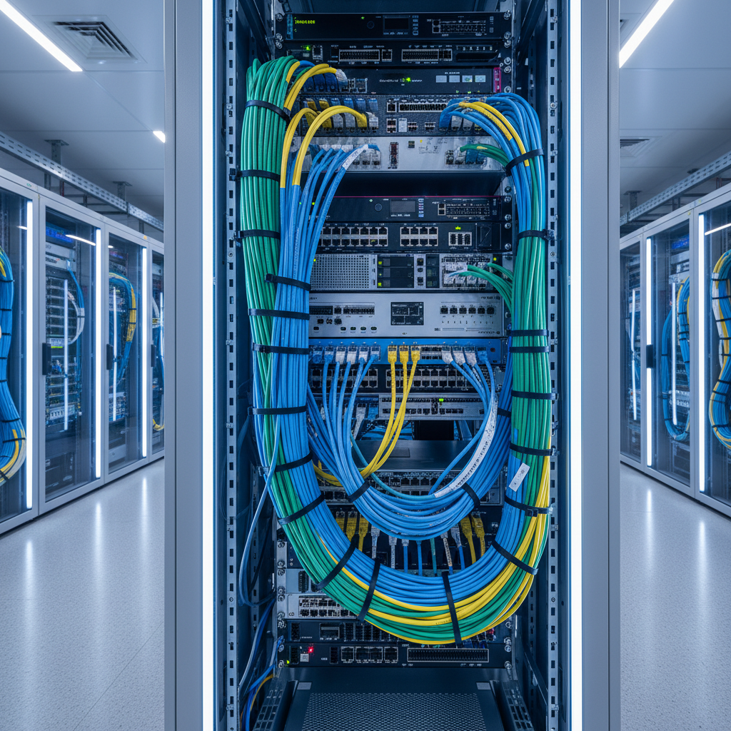 Neat cable bundle management with nylon heavy duty cable ties in a network rack
