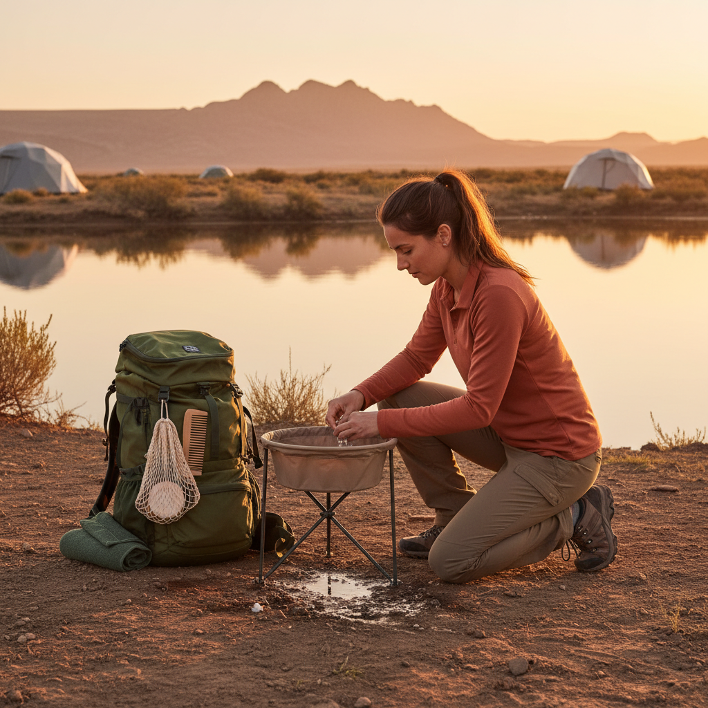 Eco-friendly solid shampoo bar travel in an outdoor setting with responsible washing setup