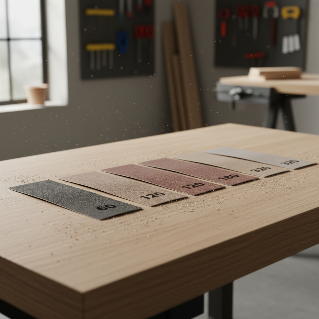 Sandpaper assortment grits laid out from coarse to fine for sanding progression