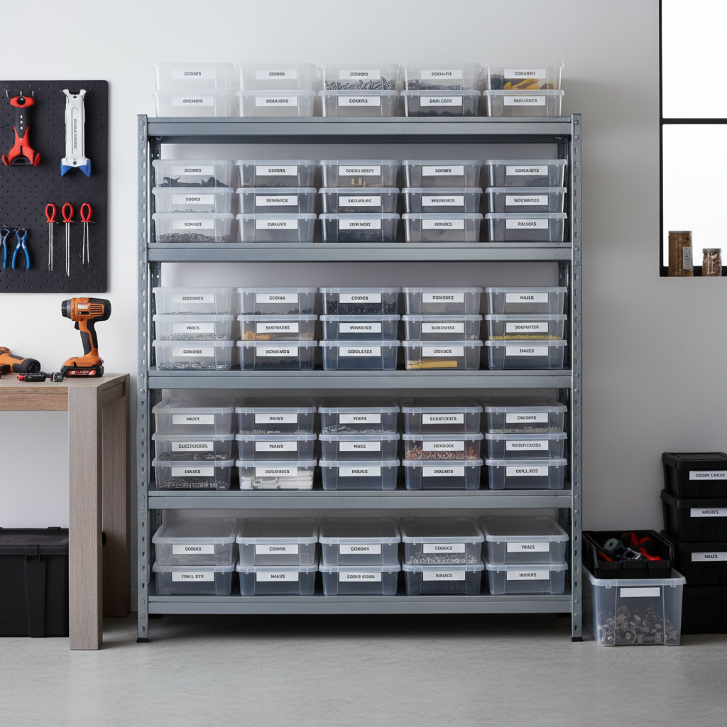 Organized stackable hardware trays with labels in a garage storage shelf